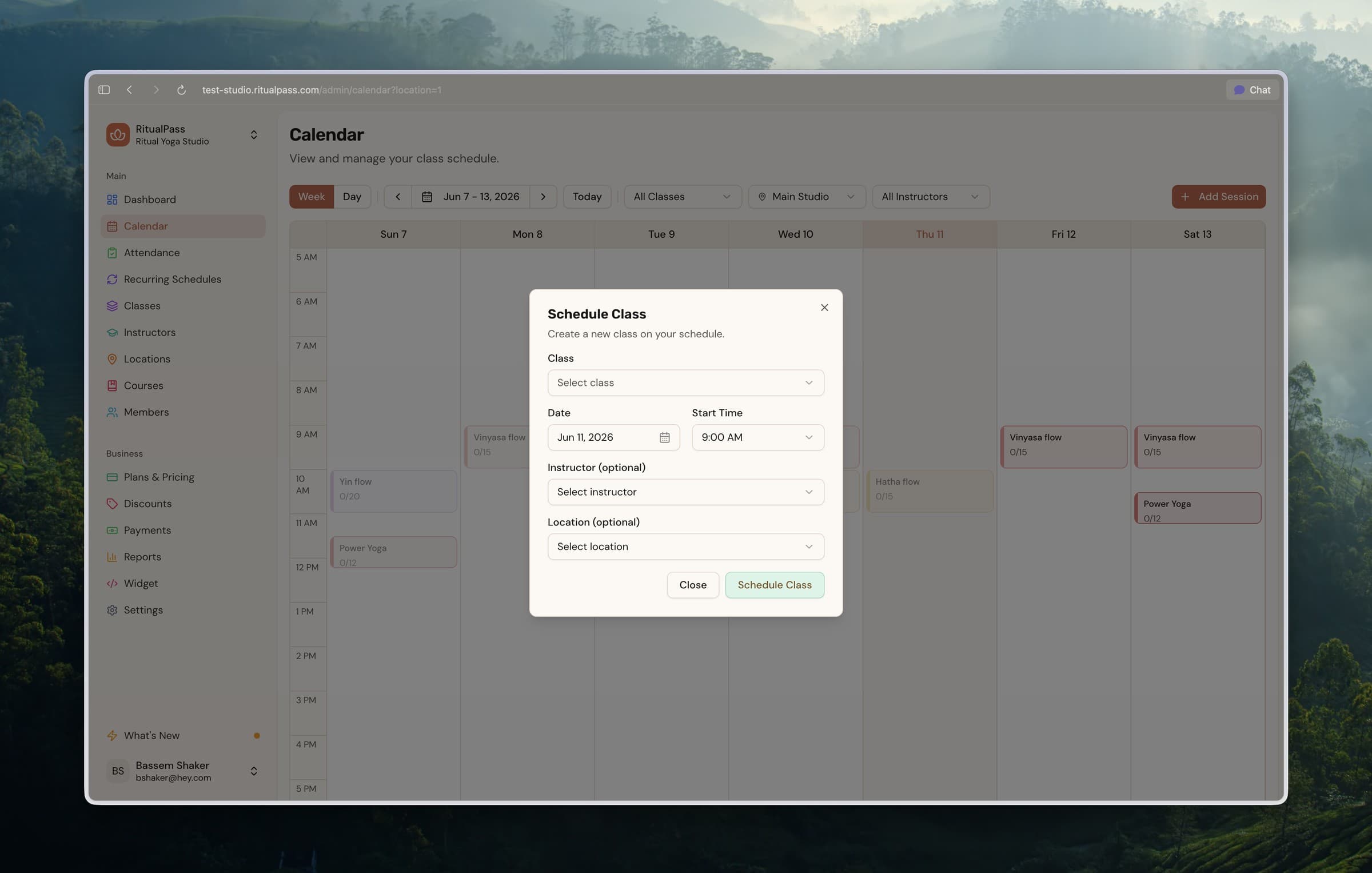 The studio calendar with a week of classes and the Schedule Class form open