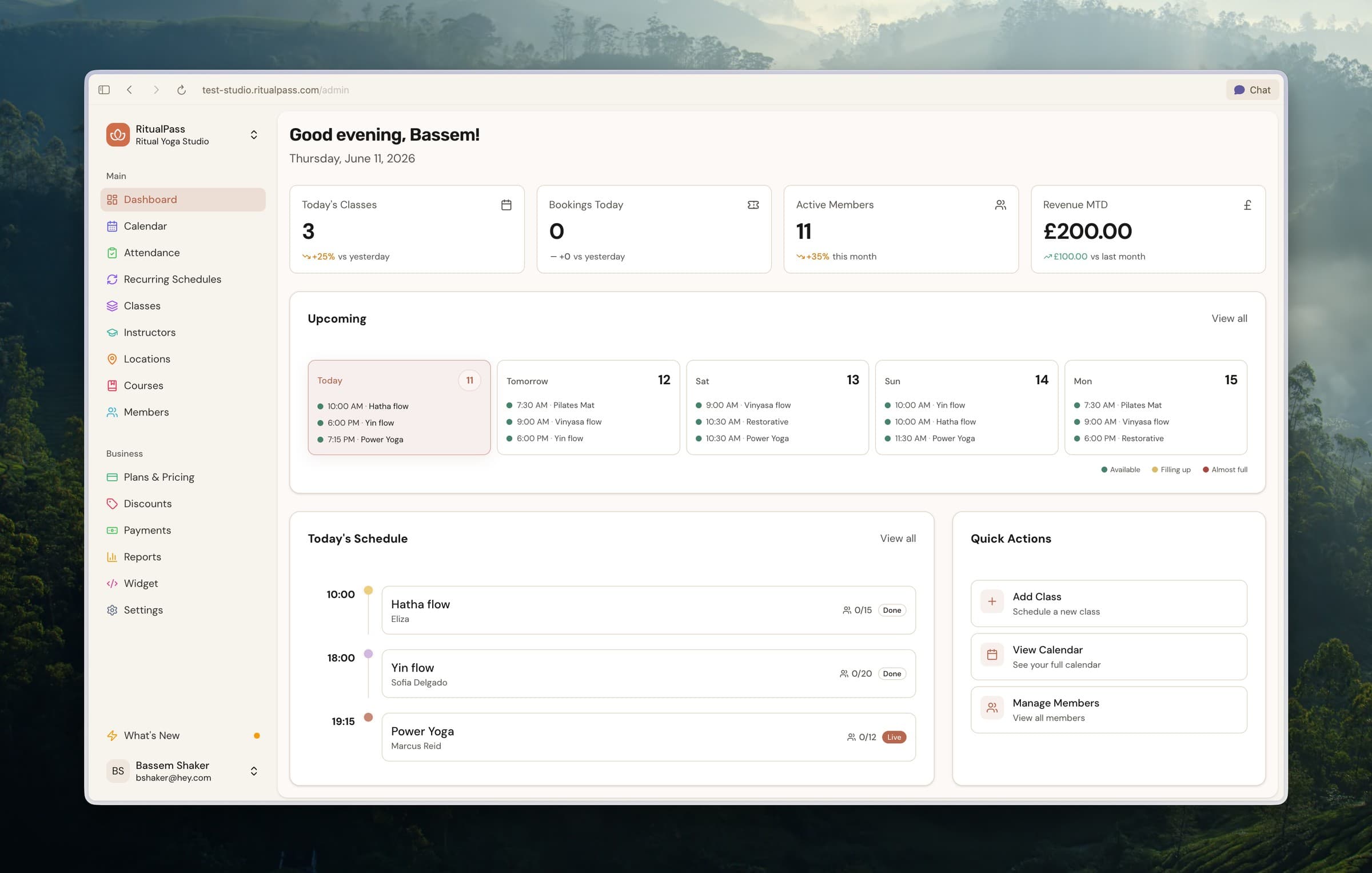 The RitualPass studio dashboard with today's classes, bookings, members, and revenue at a glance